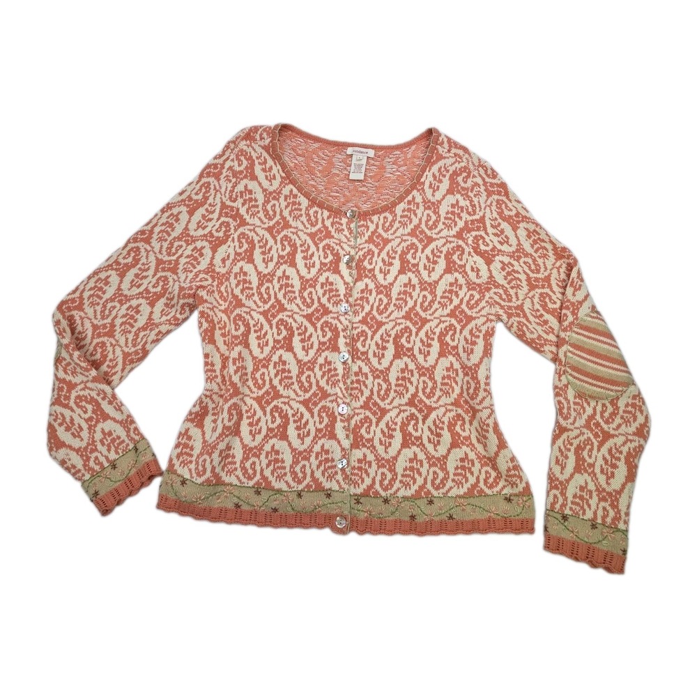SUNDANCE Embroidered Cardigan Sweater Paisley Floral Peach Cotton Alpaca Size L